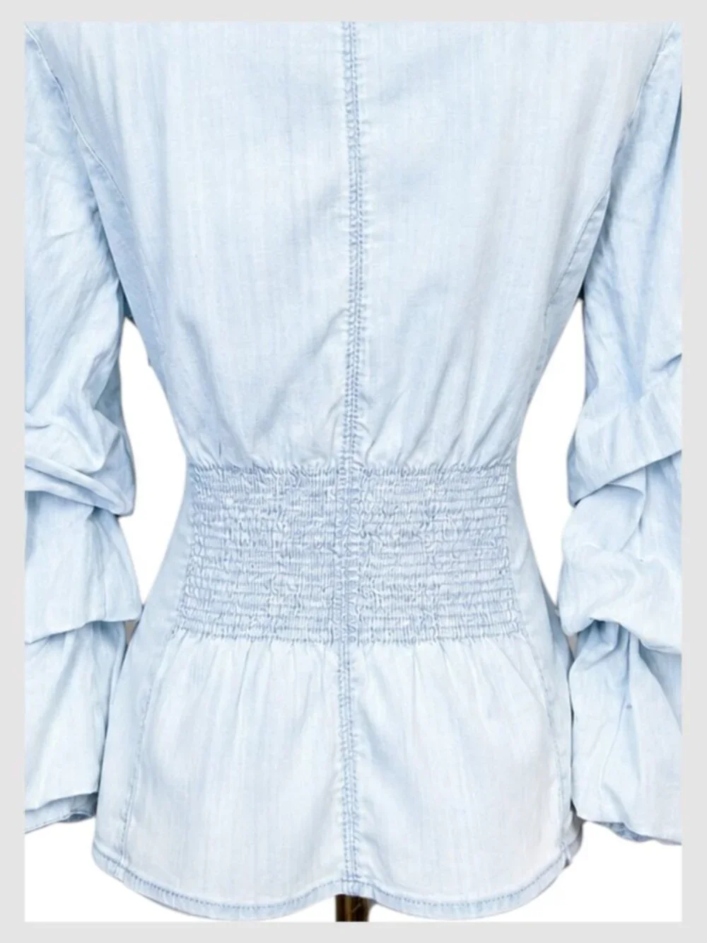 White House Black Market Denim Tencel Tie Waist Blouse Light Blue 10 L - Picture 6 of 10